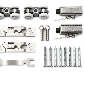Premium125 Roller Kit — sliding door roller kit including four double rollers, mounting hardware, brackets, screws, and installation wrench